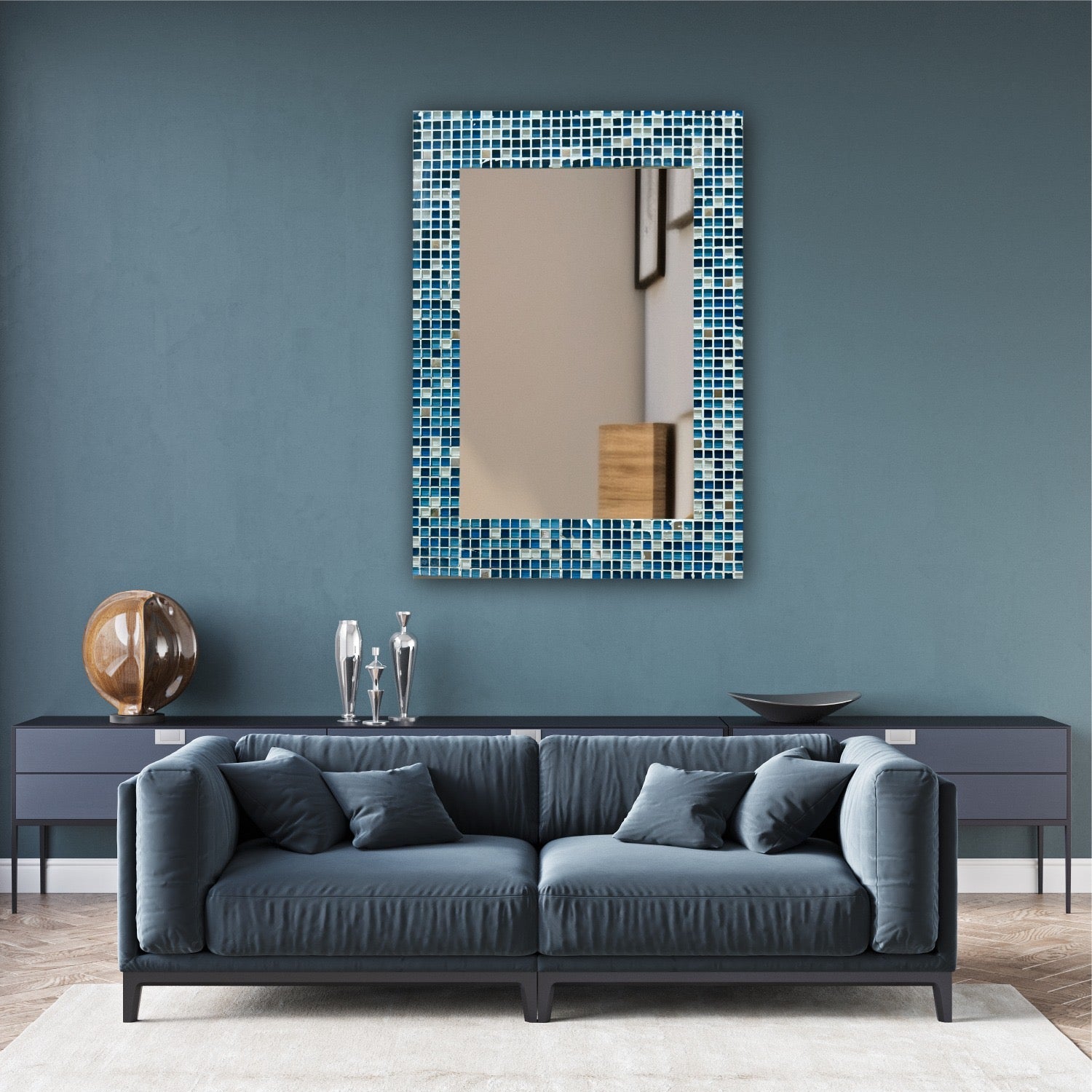 Handcrafted Blue Glass Mosaic Mirror – Azure Reflection Wall Art Luxurious Quirky Home Decor